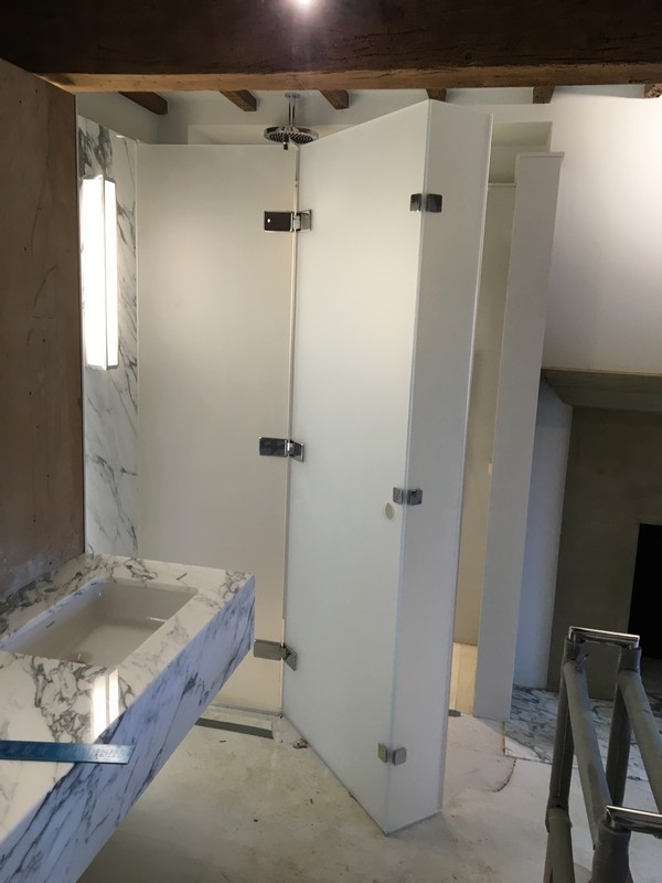 Bespoke frosted glass shower enclosure in Colindale luxury bathroom